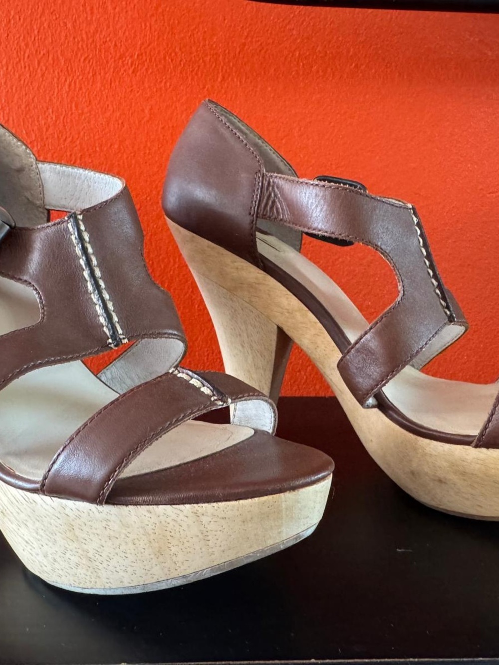 Max Studio Brown Leather Platform Sandals with Light Wood Heel - Picture 2 of 6